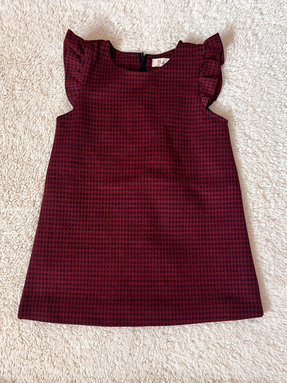Doe A Dear Girls' Burgundy Houndstooth Ruffle Sleeve Dress Sz 4t